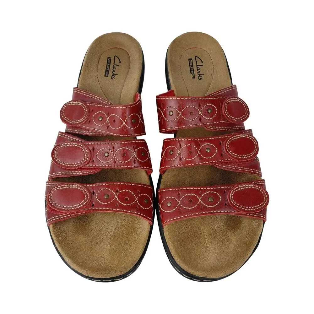 Clarks Red Leather Wedge Sandals Slip On Strappy Cutout Womens Size 9N - Picture 1 of 9